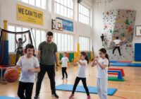 Un istruttore sorride ai bambini mentre fanno attività fisica in una grande palestra scolastica luminosa con attrezzature sportive.